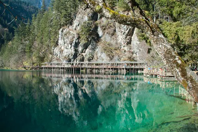 stone mountainside with trees and wooden walkway, reflected in blue lake at Jiuzhaigou