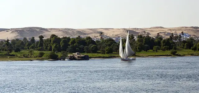 The Nile in Aswan with a felucca sailing by Egyptian Nile cruise