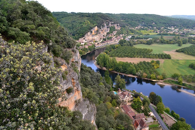Périgord Noir View from limestone cliffs overlook the River Dordogne in the Perigord Noir region